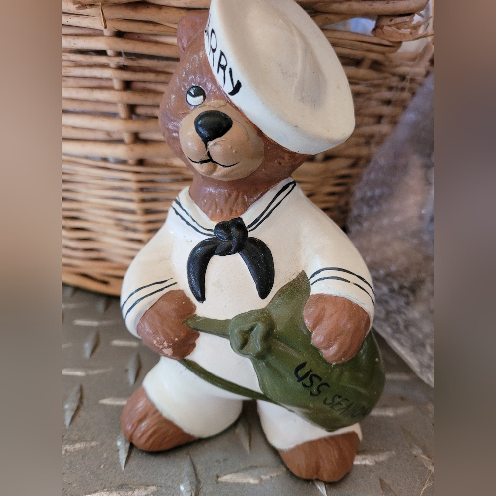 NAVY USS Seahorse Tribute - Sailor Bear Ceramic Figure Hand Painted VINTAGE EUC
